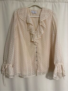 Lost + Wander Cream Ruffle Dot Lace Button-Up Blouse